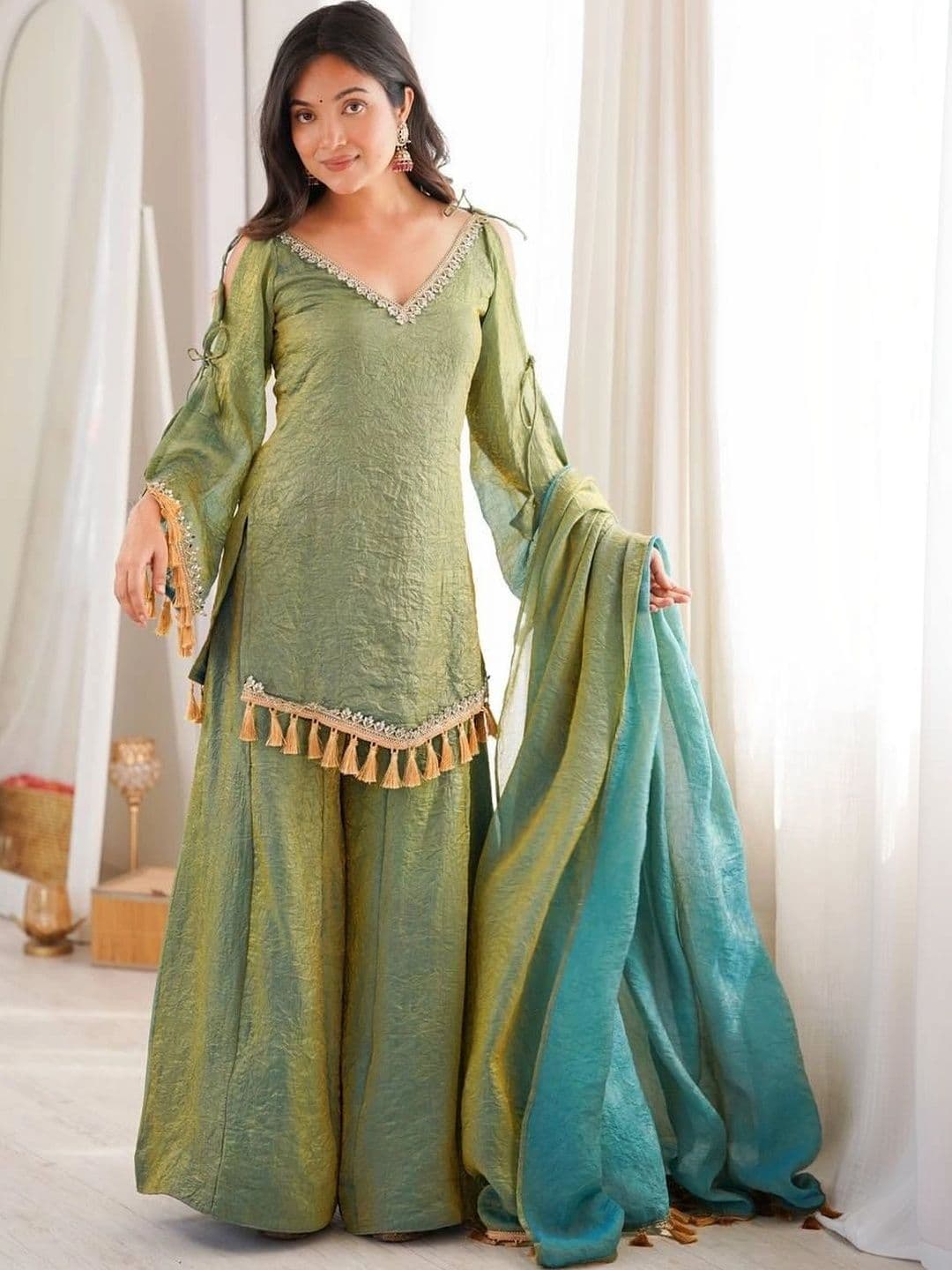 VASTRABELLA Women Regular Gotta Patti Pure Silk Kurta with Sharara & With Dupatta thumbnail 4
