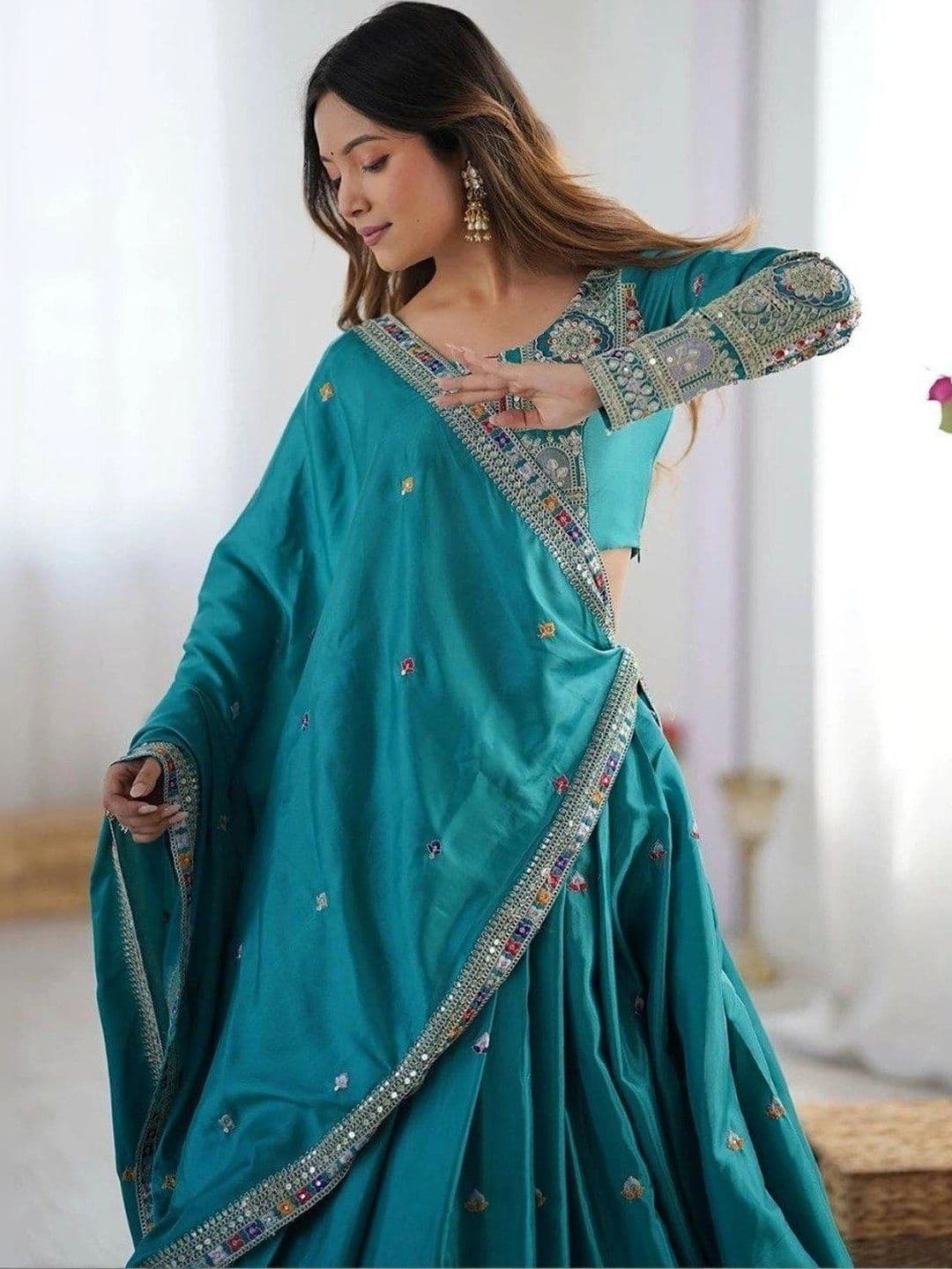 BLUSH STREET Embellished Mirror Work Semi-Stitched Lehenga & Blouse With Dupatta thumbnail 3