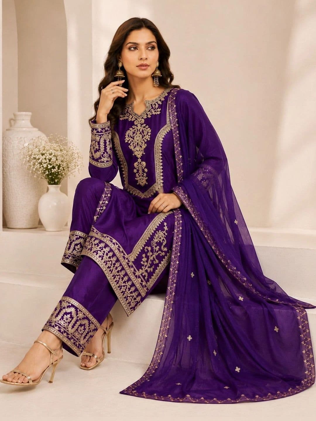Mitera Women Ethnic Motifs Embroidered Regular Kurta with Trousers & With Dupatta thumbnail 4
