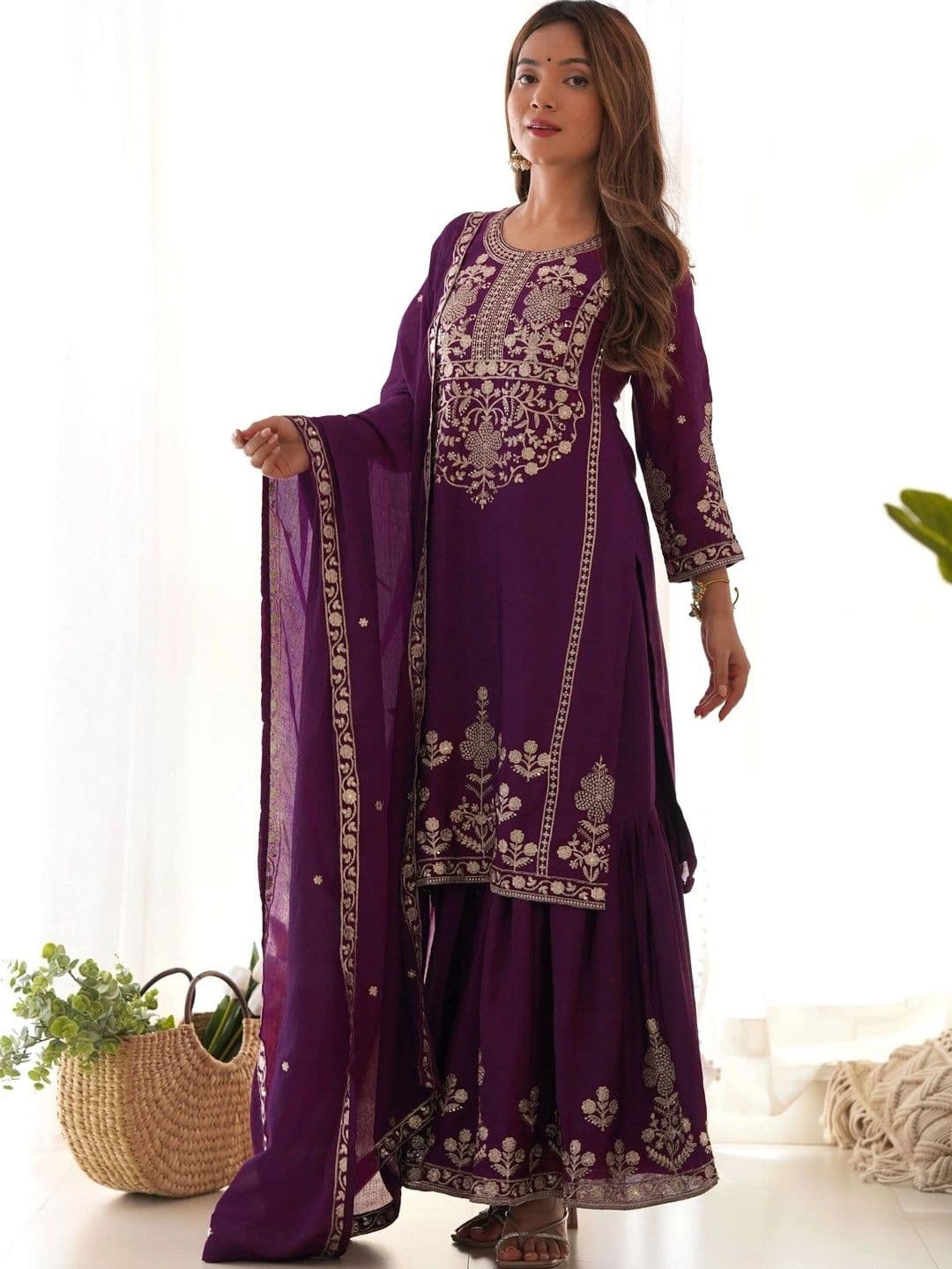 VASTRABELLA Women Ethnic Motifs Embroidered Regular Thread Work Kurta with Sharara & With Dupatta thumbnail 7
