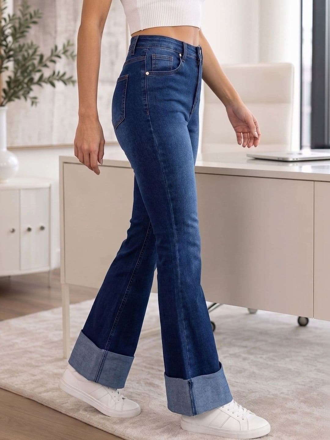 Style Quotient Women Classic Wide Leg High-Rise Low Distress Cuffed Hem Stretchable Jeans thumbnail 2