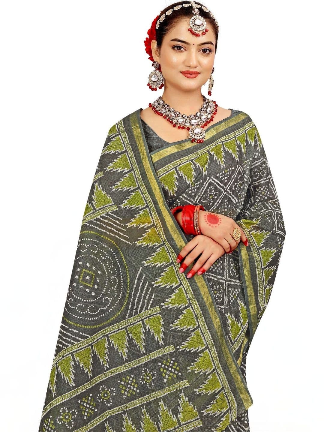 SONARIKA CREATION Bandhani Pure Cotton Handloom Block Print Saree thumbnail 3