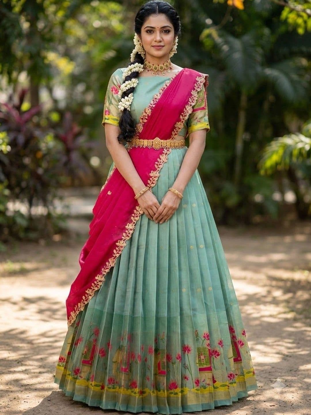 Pink Bindi Printed Semi-Stitched Lehenga & Unstitched Blouse With Dupatta - view 1