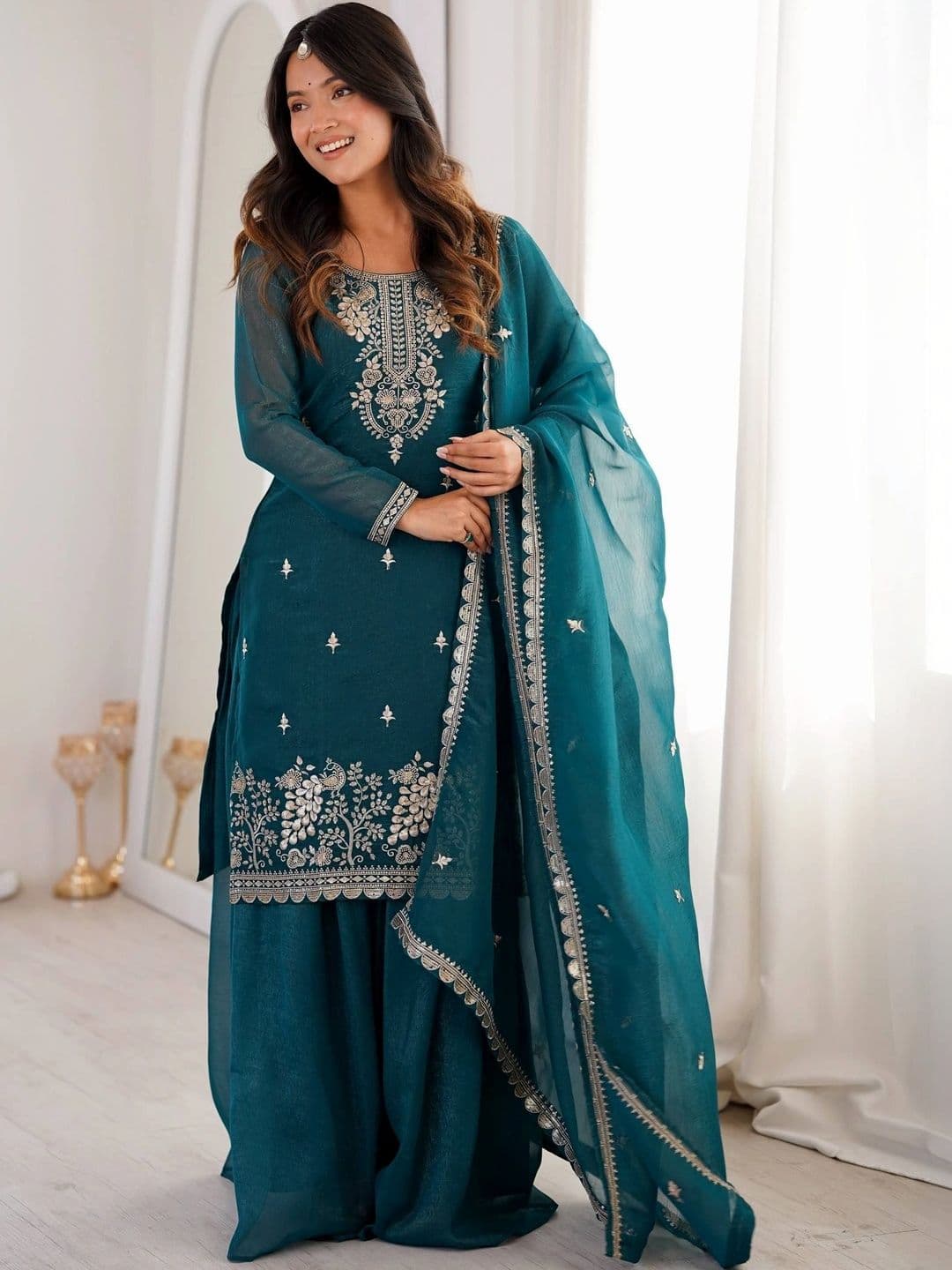 VASTRABELLA Women Ethnic Motifs Embroidered Regular Kurta with Sharara & With Dupatta thumbnail 7