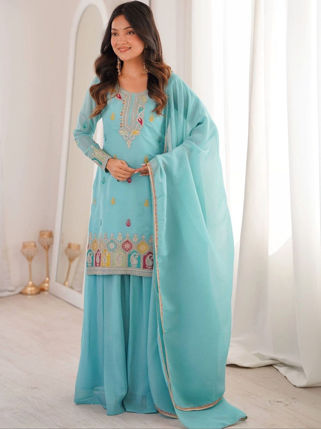 VASTRABELLA Women Ethnic Motifs Embroidered Regular Thread Work Kurta with Sharara & With Dupatta thumbnail 7