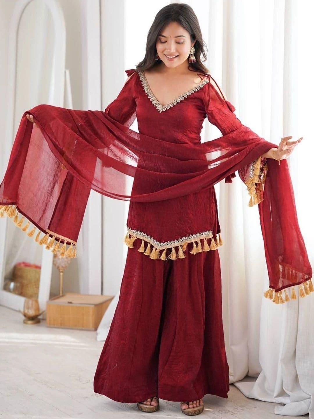 VASTRABELLA Women Regular Gotta Patti Pure Silk Kurta with Sharara & With Dupatta thumbnail 5