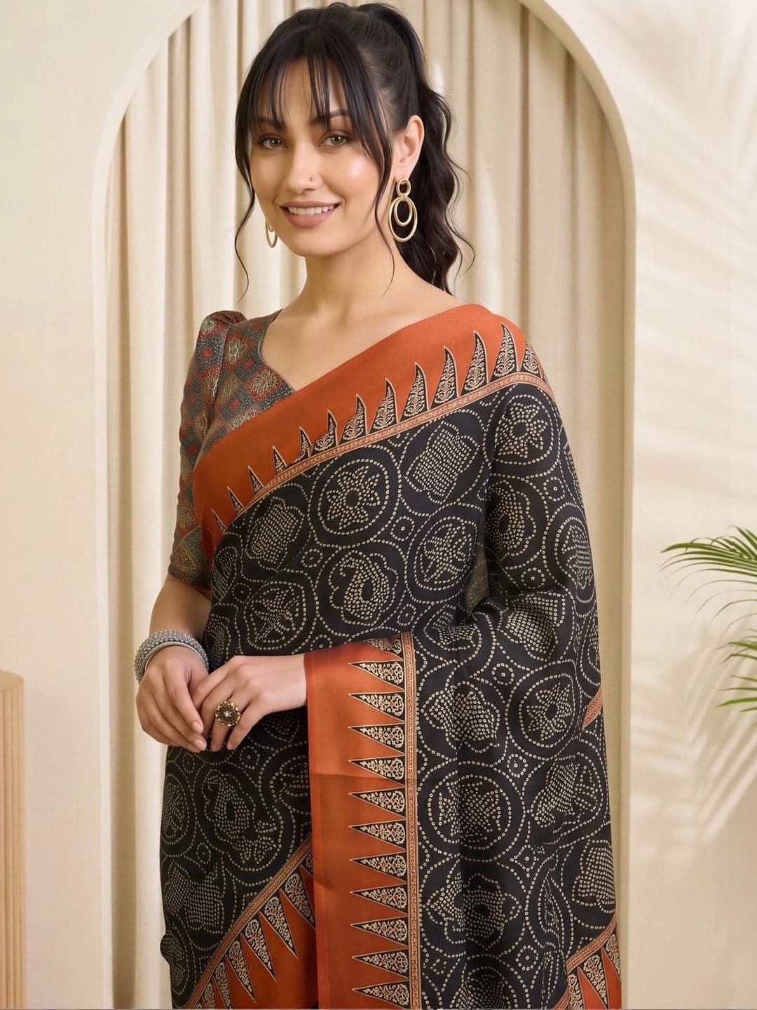 Saree mall Batik Satin Designer Block Print Sarees thumbnail 3