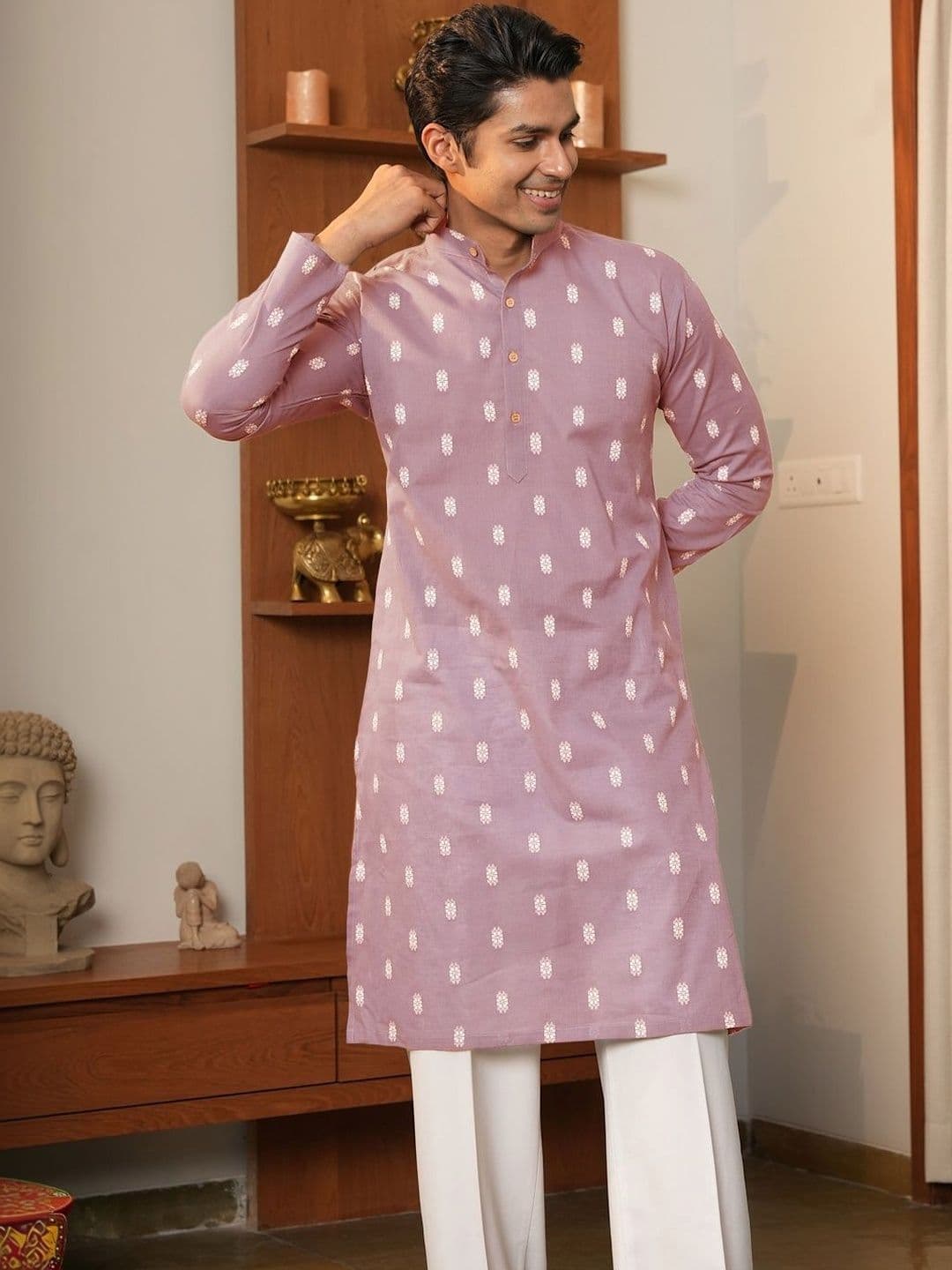 Anouk Men's Pink Self-Design Cotton Straight Kurta - view 1