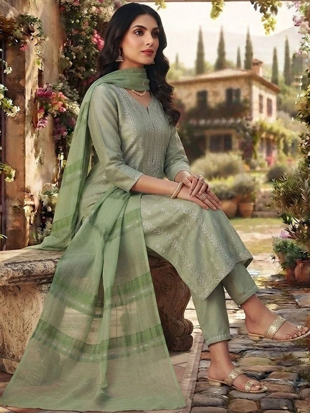 RAJGRANTH Women Ethnic Motifs Embroidered Regular Thread Work Chanderi Cotton Kurta with Trousers & With thumbnail 3