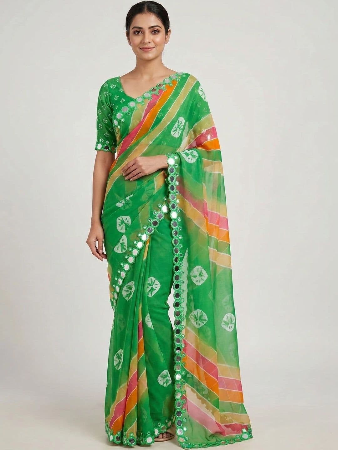 Peachmode Bandhani Mirror Work Poly Georgette Heavy Work Saree - view 1