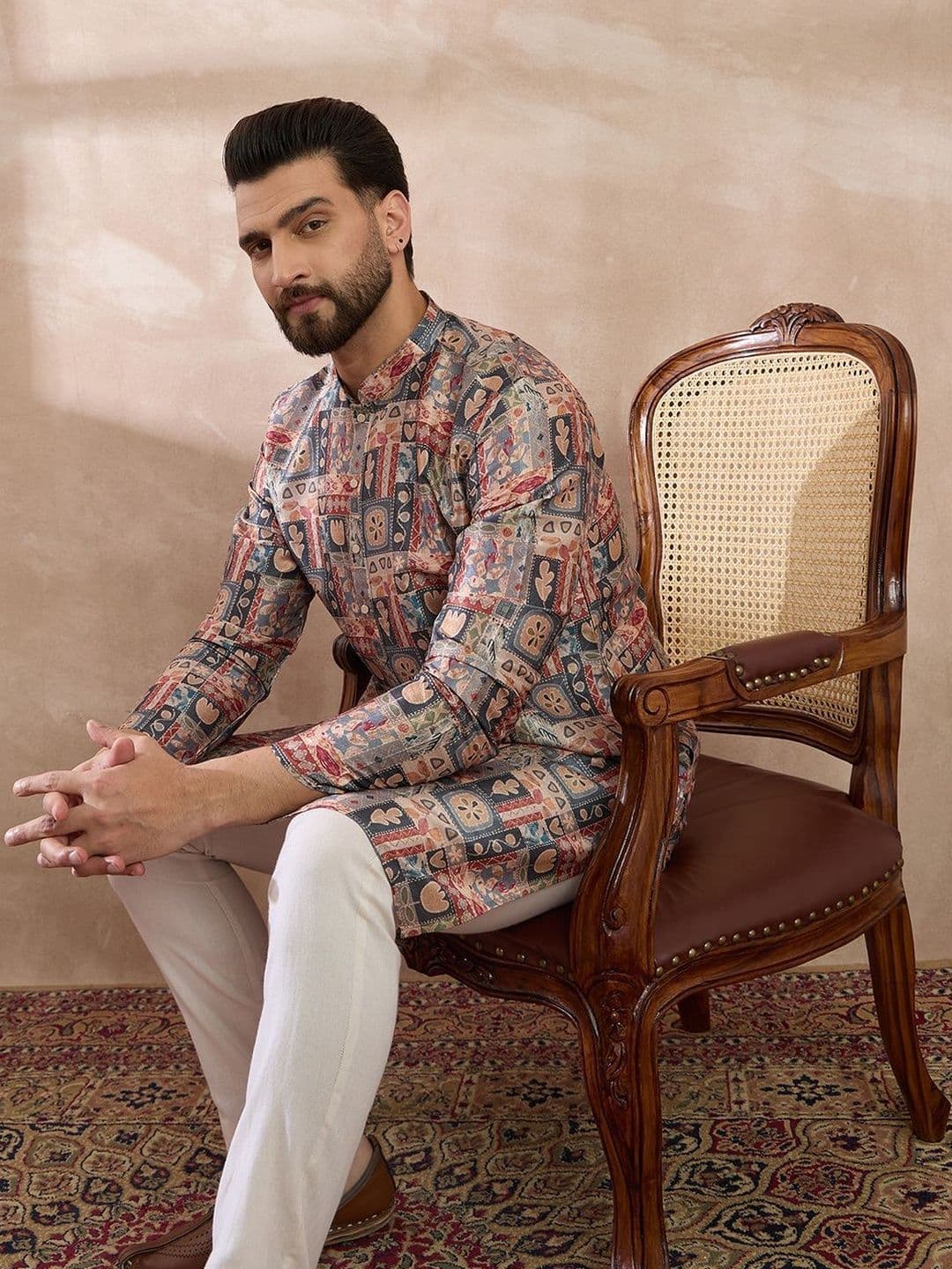 House of Pataudi Printed Mandarin Collar Calf Length Straight Kurta thumbnail 3