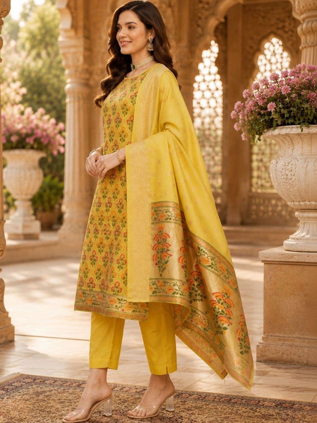 Mitera Women Ethnic Motifs Printed Regular Chanderi Cotton Kurta with Trousers & With Dupatta thumbnail 6