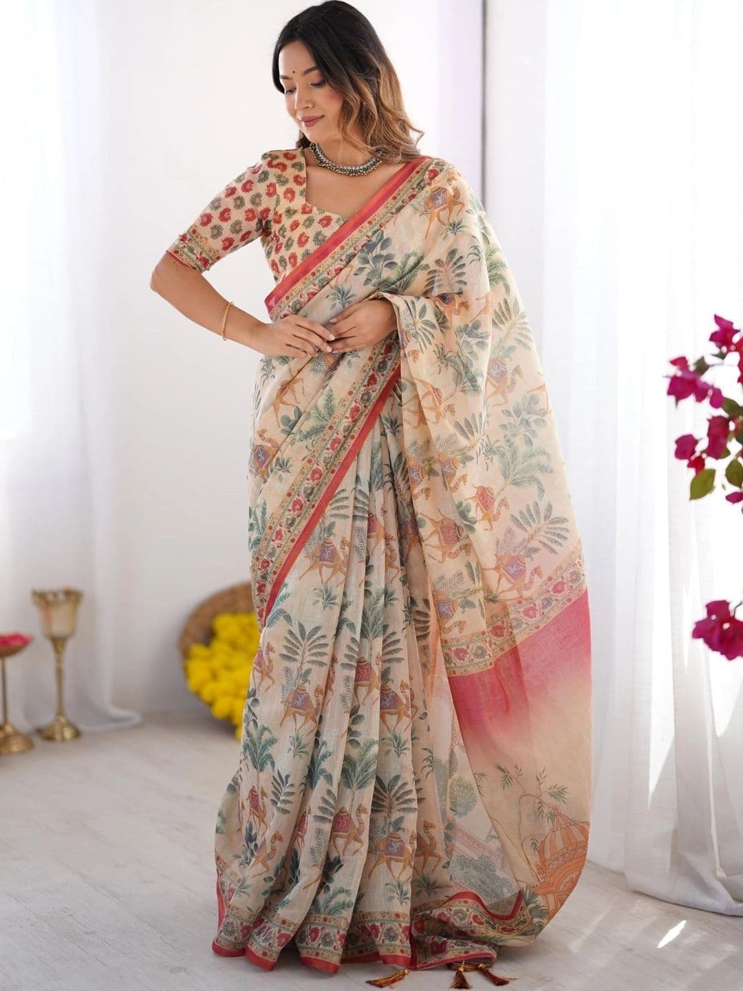 HOUSE OF PRANSHI Warli Linen Blend Jamdani Saree - view 1
