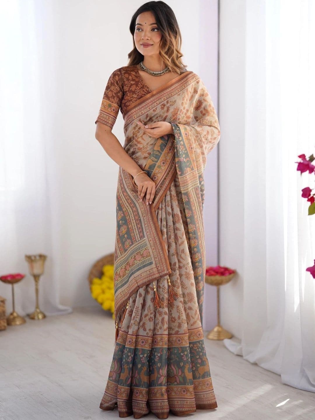 HOUSE OF PRANSHI Kalamkari Linen Blend Jamdani Saree thumbnail 5