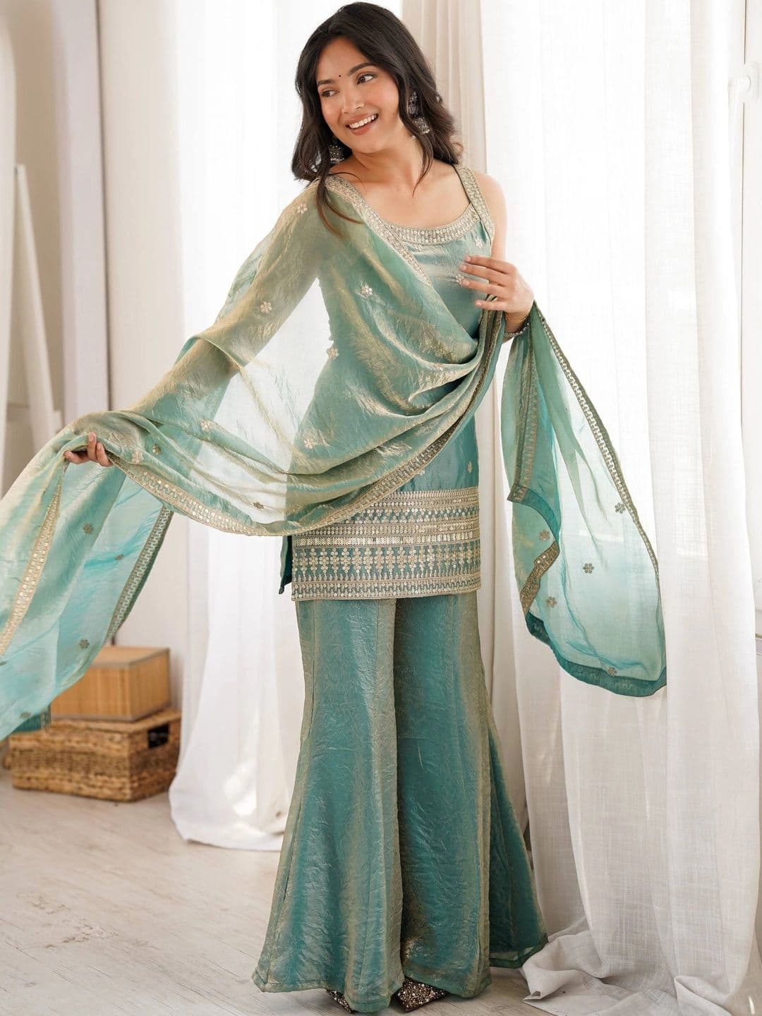 VASTRABELLA Women Ethnic Motifs Embroidered Regular Kurta with Sharara & With Dupatta thumbnail 5