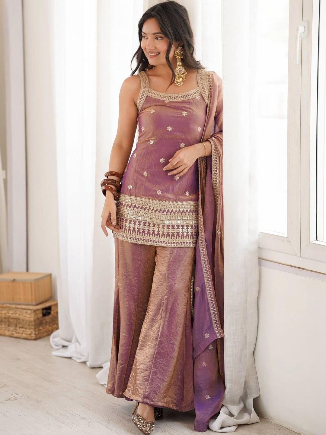 VASTRABELLA Women Ethnic Motifs Embroidered Regular Gotta Patti Kurti with Sharara & With Dupatta thumbnail 7