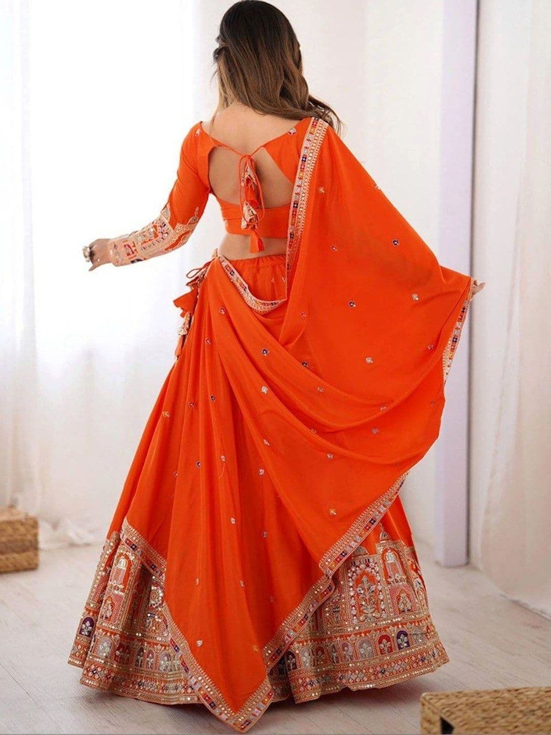 BLUSH STREET Embellished Mirror Work Semi-Stitched Lehenga & Blouse With Dupatta thumbnail 4