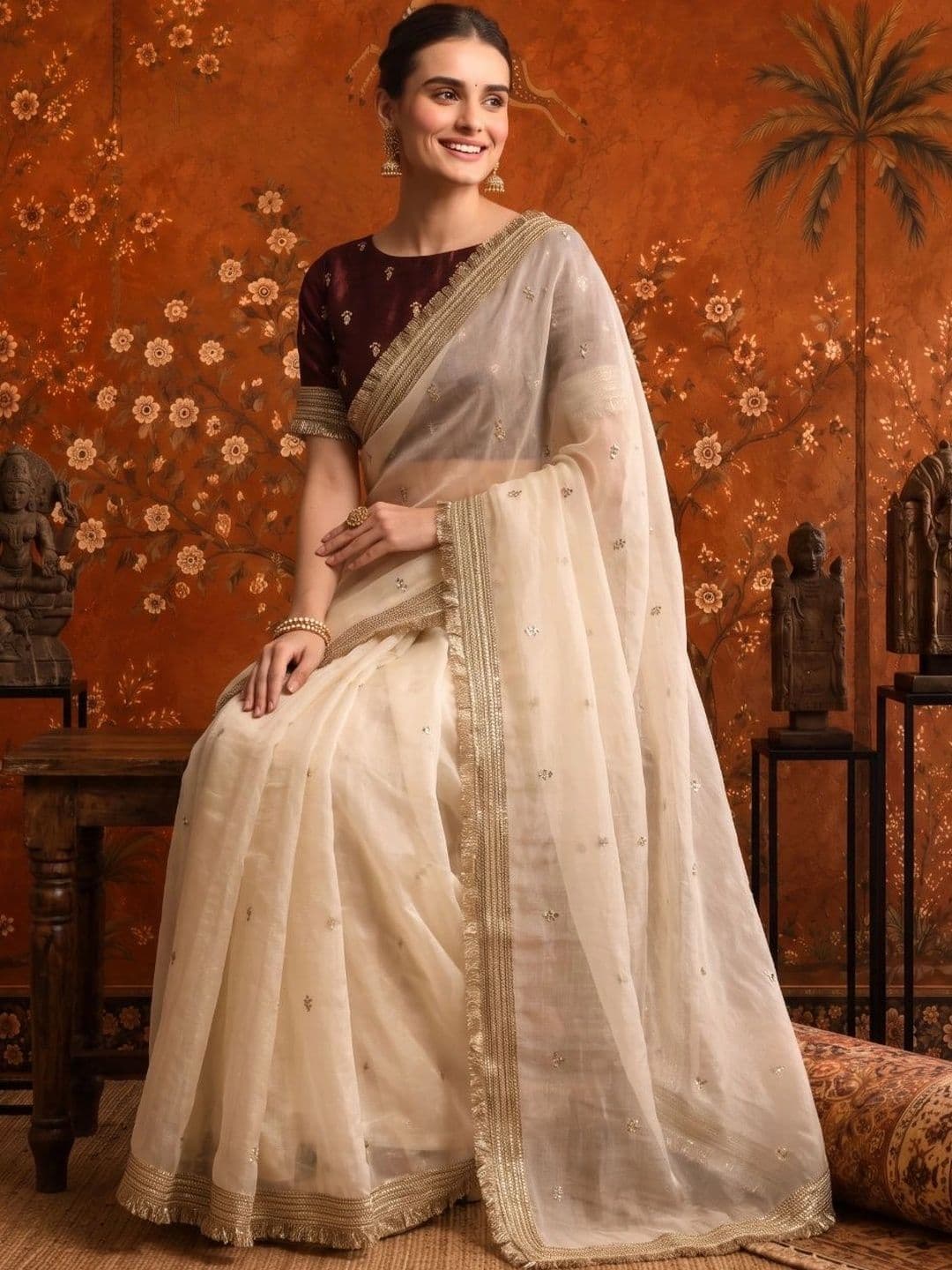 Sangria Floral Embroidered Satin Saree thumbnail 3