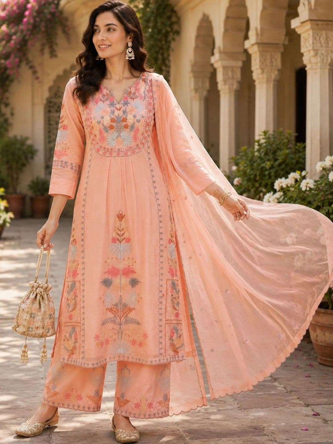 Mitera Women Ethnic Motifs Embroidered Regular Kurta with Palazzos & With Dupatta thumbnail 4