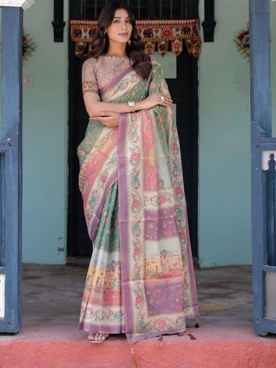 HOUSE OF PRANSHI Paisley Linen Blend Jamdani Saree - view 1