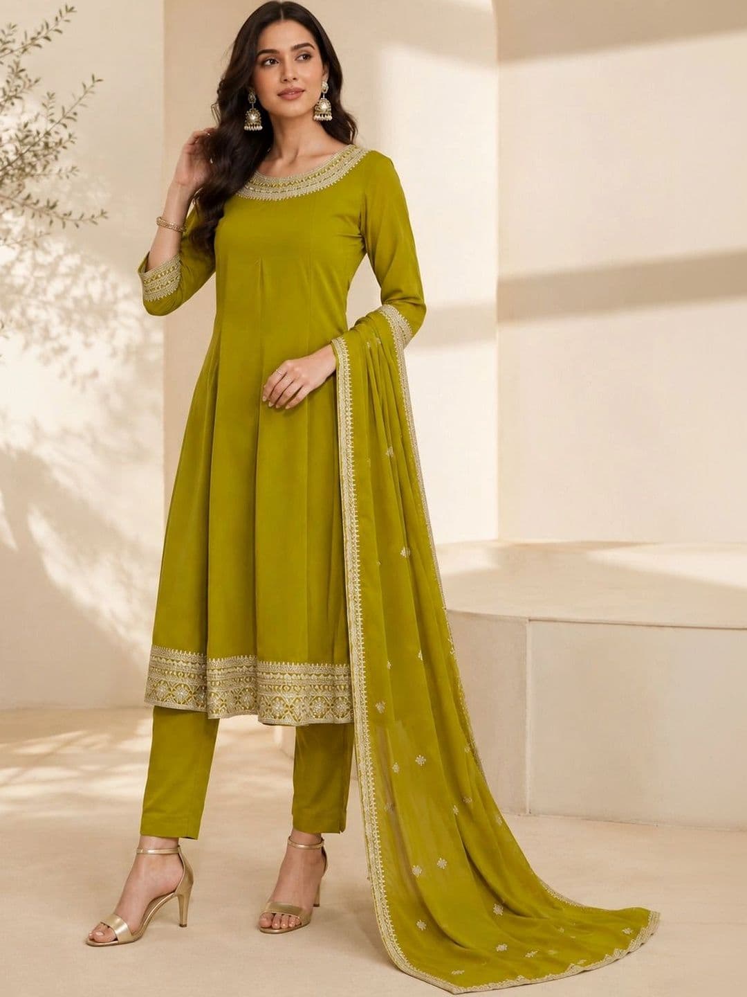 Mitera Women Ethnic Motifs Embroidered Regular Thread Work Kurta with Trousers & With Dupatta - view 1