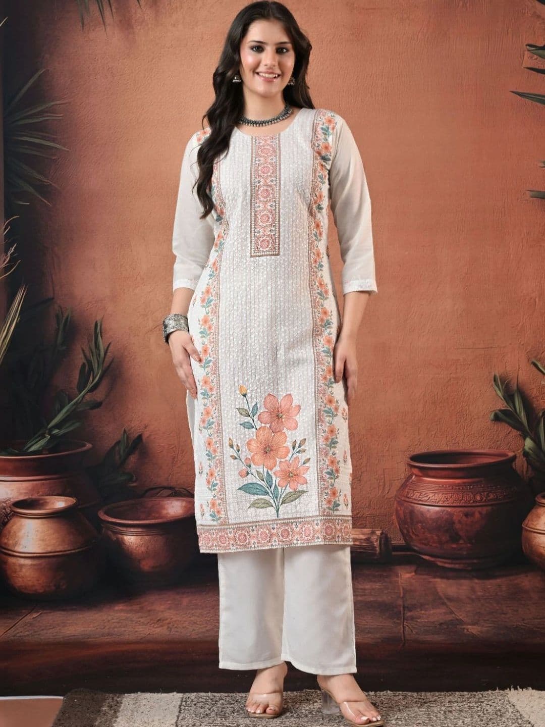 Encourage Women Floral Embroidered Thread Work Pure Cotton Kurta with Palazzos & Dupatta thumbnail 7