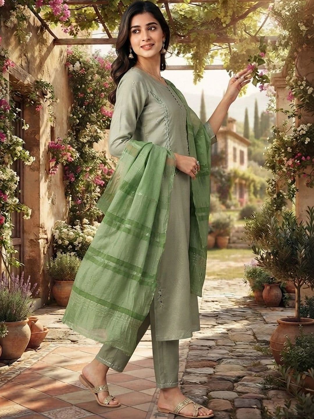 Mitera Women Regular Thread Work Chanderi Cotton Kurta with Trousers & With Dupatta thumbnail 5