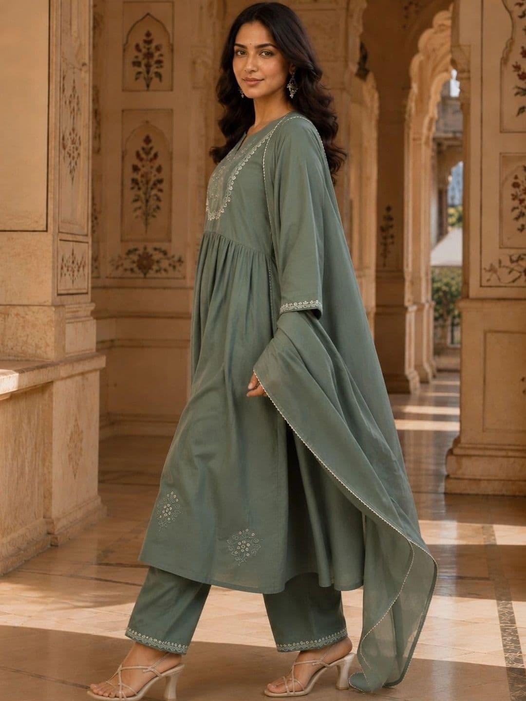 HERE&NOW Women Ethnic Motifs Embroidered Empire Thread Work Pure Cotton Kurta with Trousers & With Dupatta thumbnail 6