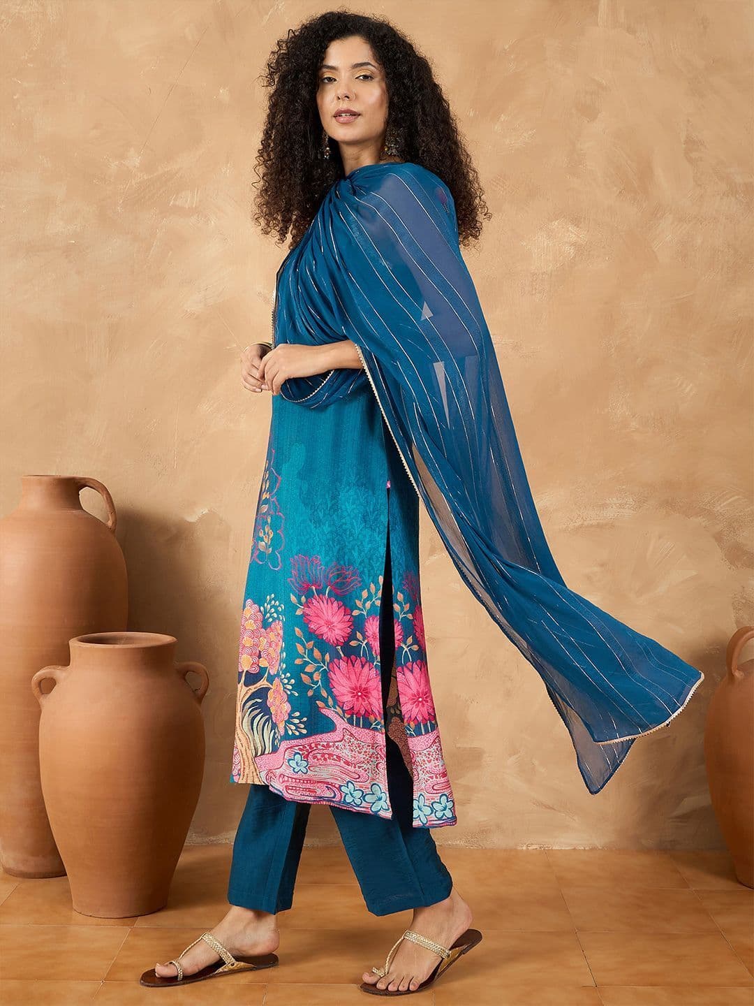 Varanga Women Spaghetti Tie up Strap Straight Floral Kurta with Trousers and Dupatta thumbnail 6