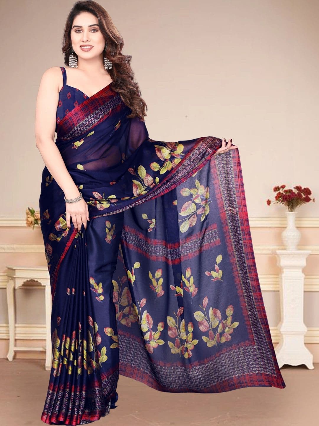 Owee Floral Pure Chiffon Fusion Saree - view 1