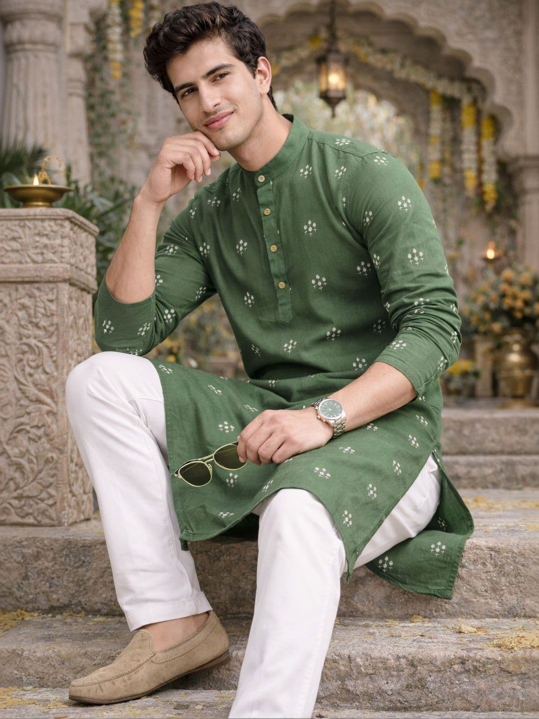 Anouk Men Floral Embroidered Indie Prints Kurta thumbnail 2