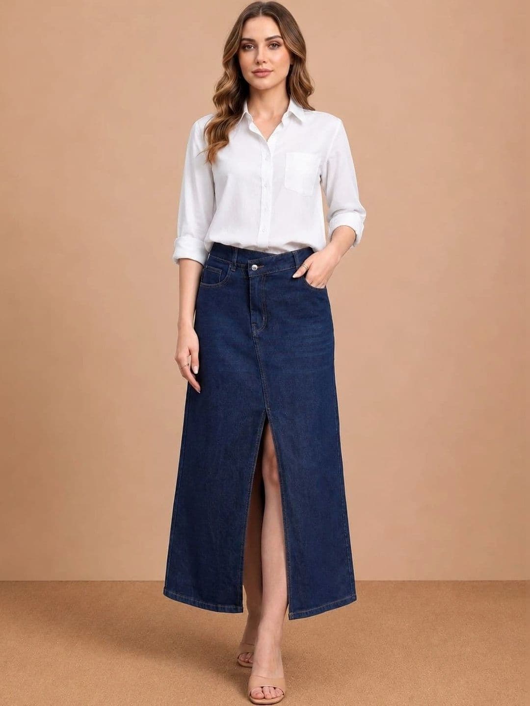 Mast & Harbour Women Denim Front Slit Maxi A-Line Skirt - view 1