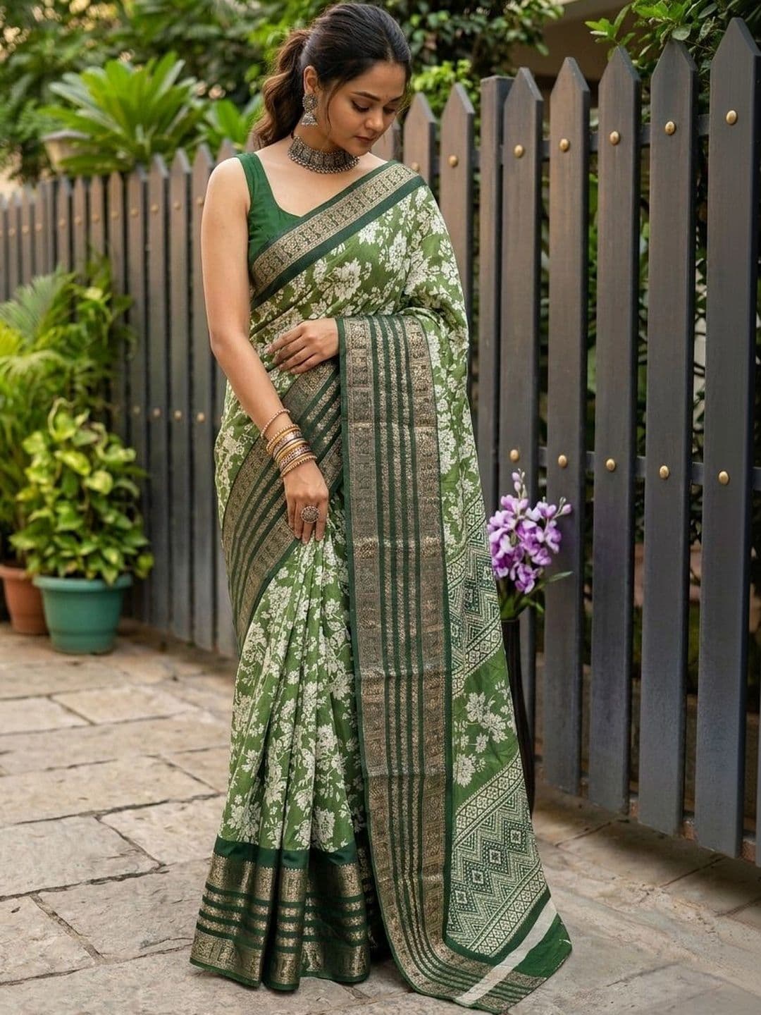 Owee Floral Zari Silk Blend Designer Saree - view 1