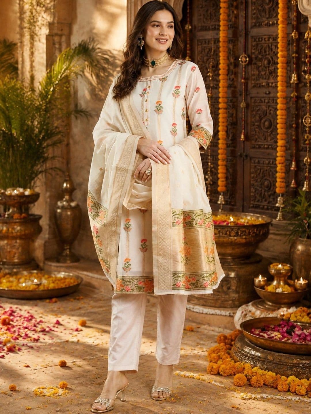 Mitera Women Ethnic Motifs Embroidered Regular Thread Work Chanderi Silk Kurta with Trousers & With Dupatta thumbnail 6