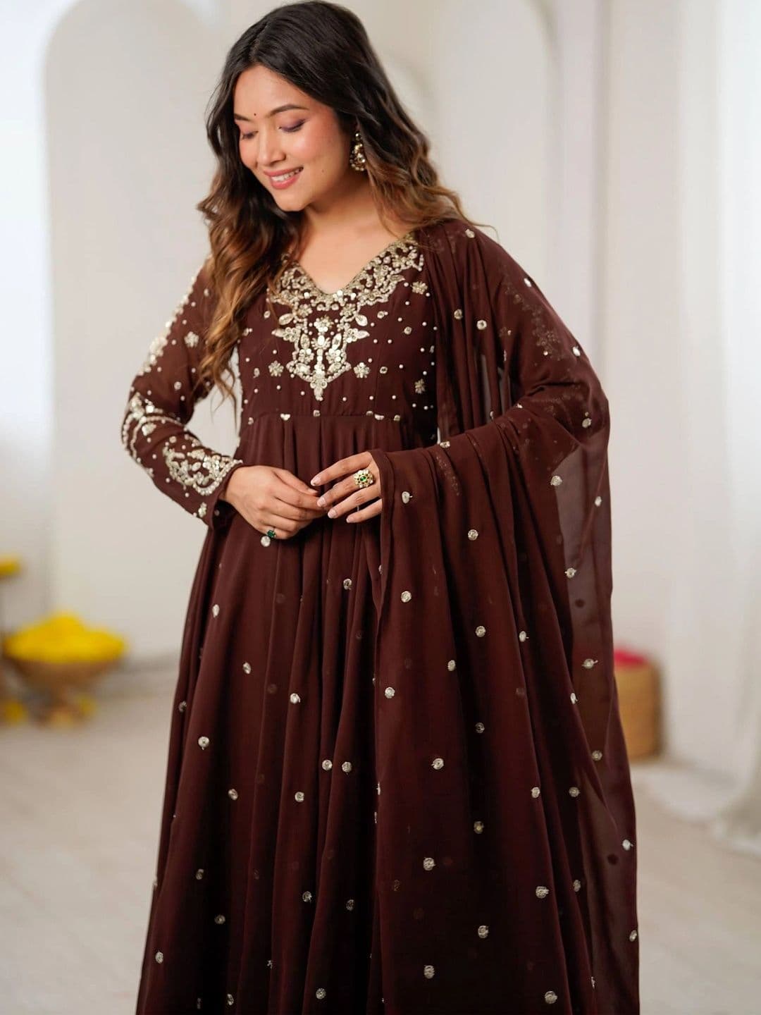 VASTRABELLA Women Ethnic Motifs Empire Silk Georgette Kurta with Churidar & With Dupatta thumbnail 4
