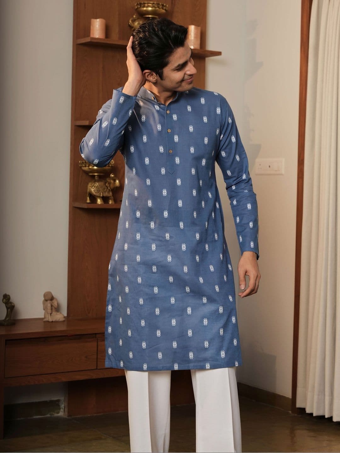 Anouk Men's Blue Self-Design Cotton Straight Kurta thumbnail 4