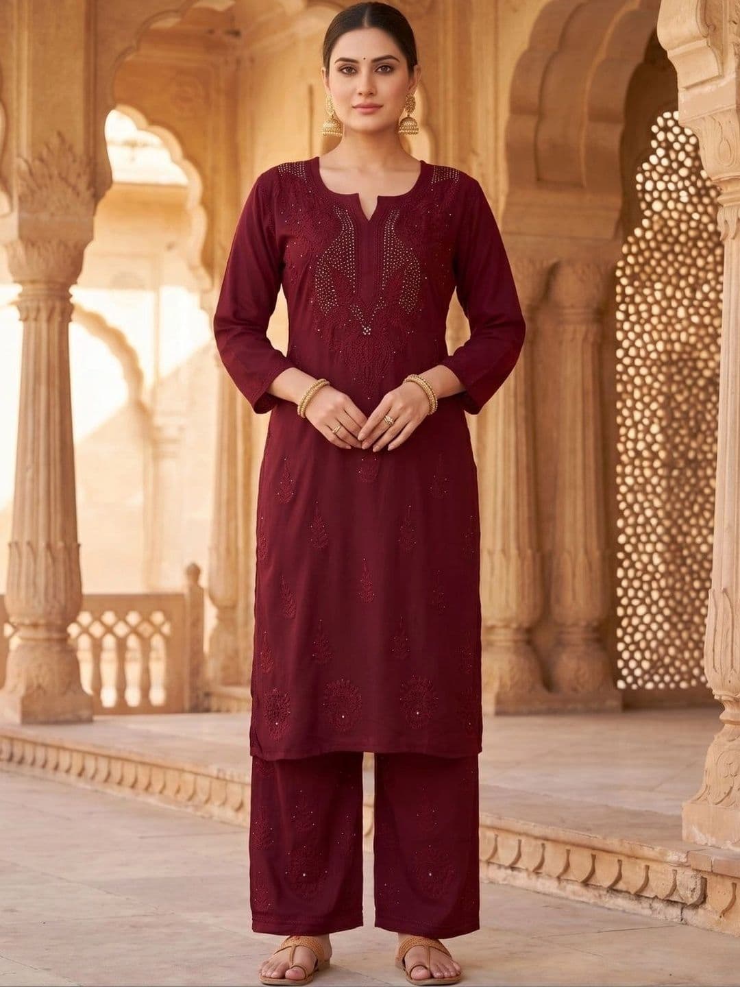 Fashion Chikan Art Women Ethnic Motifs Embroidered Regular Thread Work Kurta with Palazzos - view 1