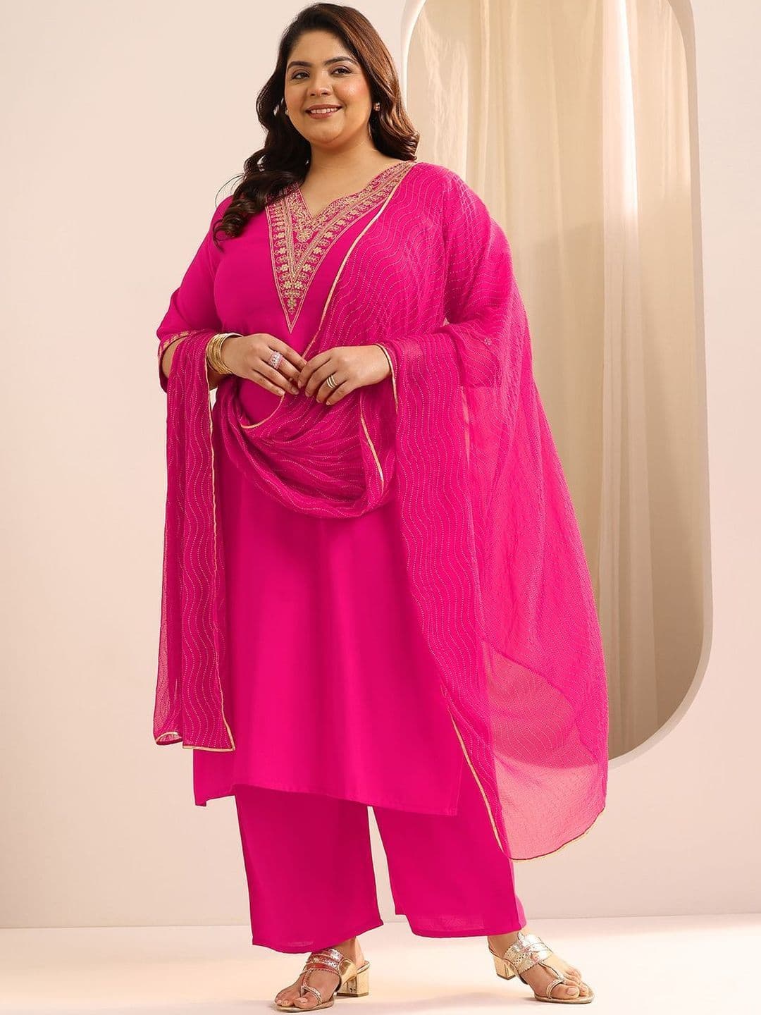 EXTRA LOVE BY LIBAS Plus Size Pink Yoke Design Silk Blend Straight Suit Set With Dupatta thumbnail 7
