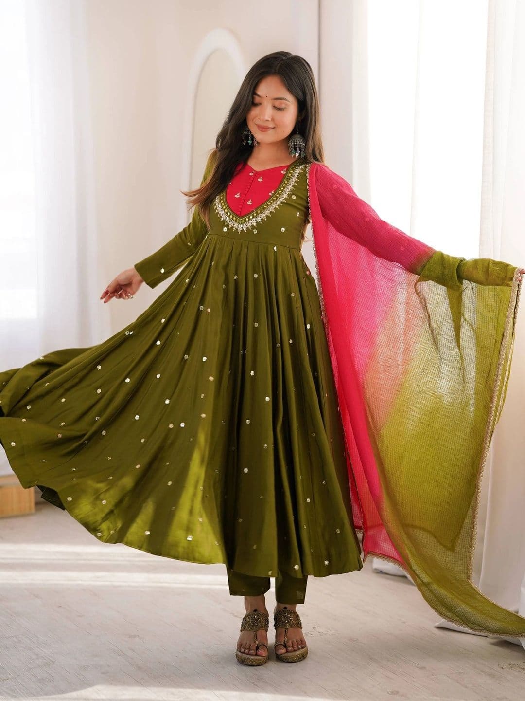VASTRABELLA Women Embroidered Empire Sequinned Kurta with Trousers & With Dupatta - view 1