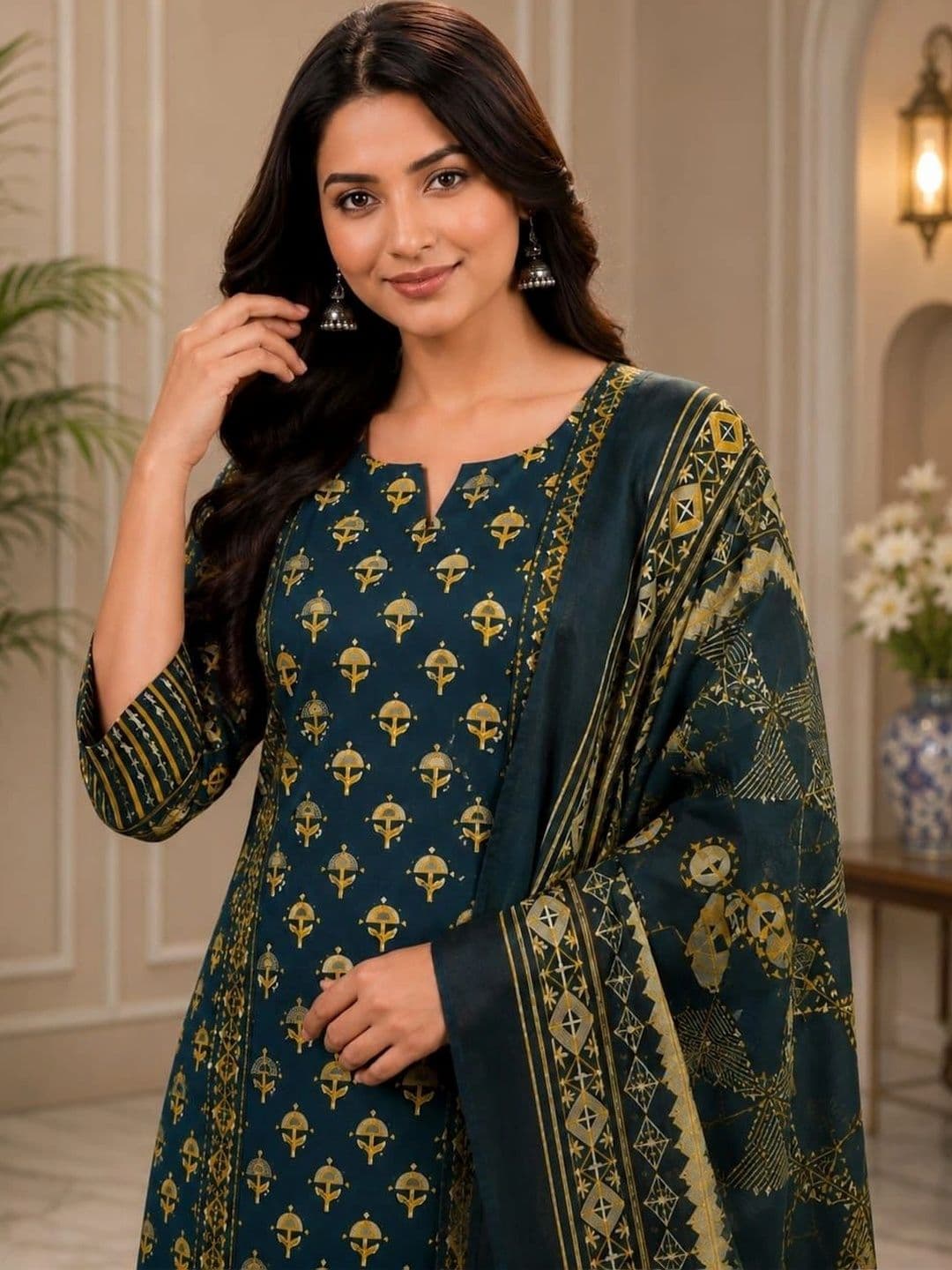 Harvi Women Ethnic Motifs Printed Regular Pure Cotton Kurta with Trousers & With Dupatta thumbnail 3