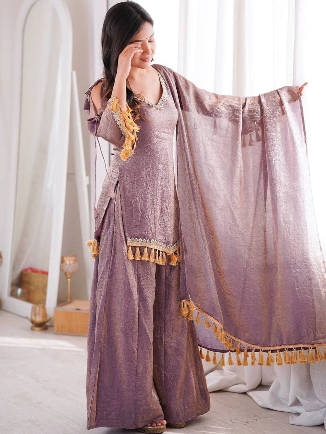 VASTRABELLA Women Ethnic Motifs Angrakha Gotta Patti Pure Silk Kurta with Sharara & With Dupatta thumbnail 3