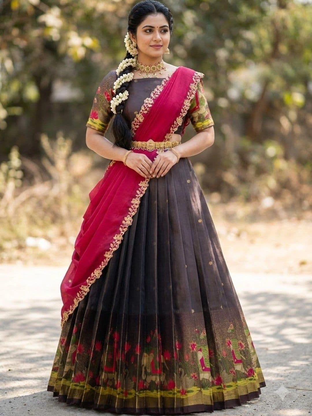Pink Bindi Embroidered Semi-Stitched Lehenga & Unstitched Blouse With Dupatta - view 1