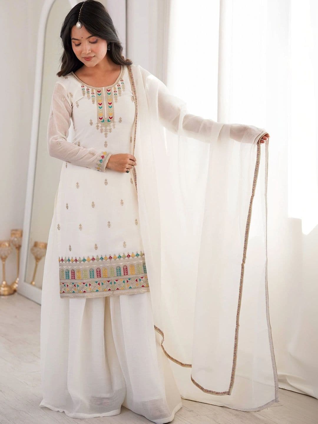 VASTRABELLA Women Ethnic Motifs Embroidered Regular Thread Work Kurta with Palazzos & With Dupatta - view 1