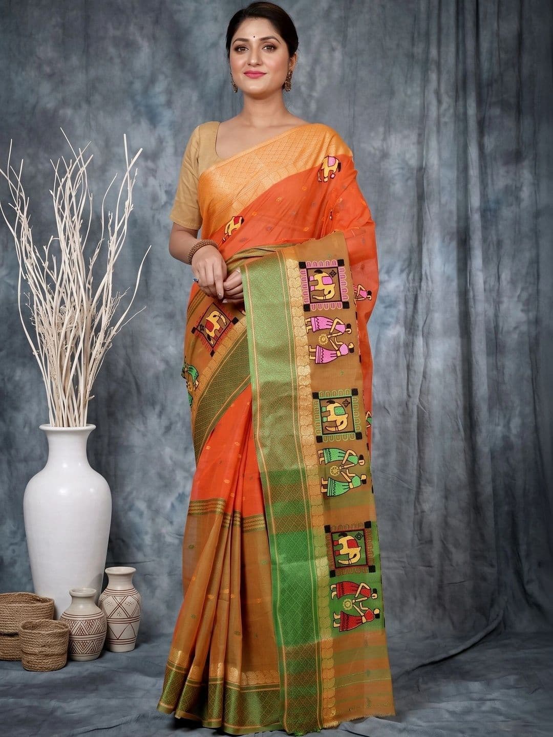 GitAsit Warli Sequinned Pure Cotton Handloom Taant Saree thumbnail 6