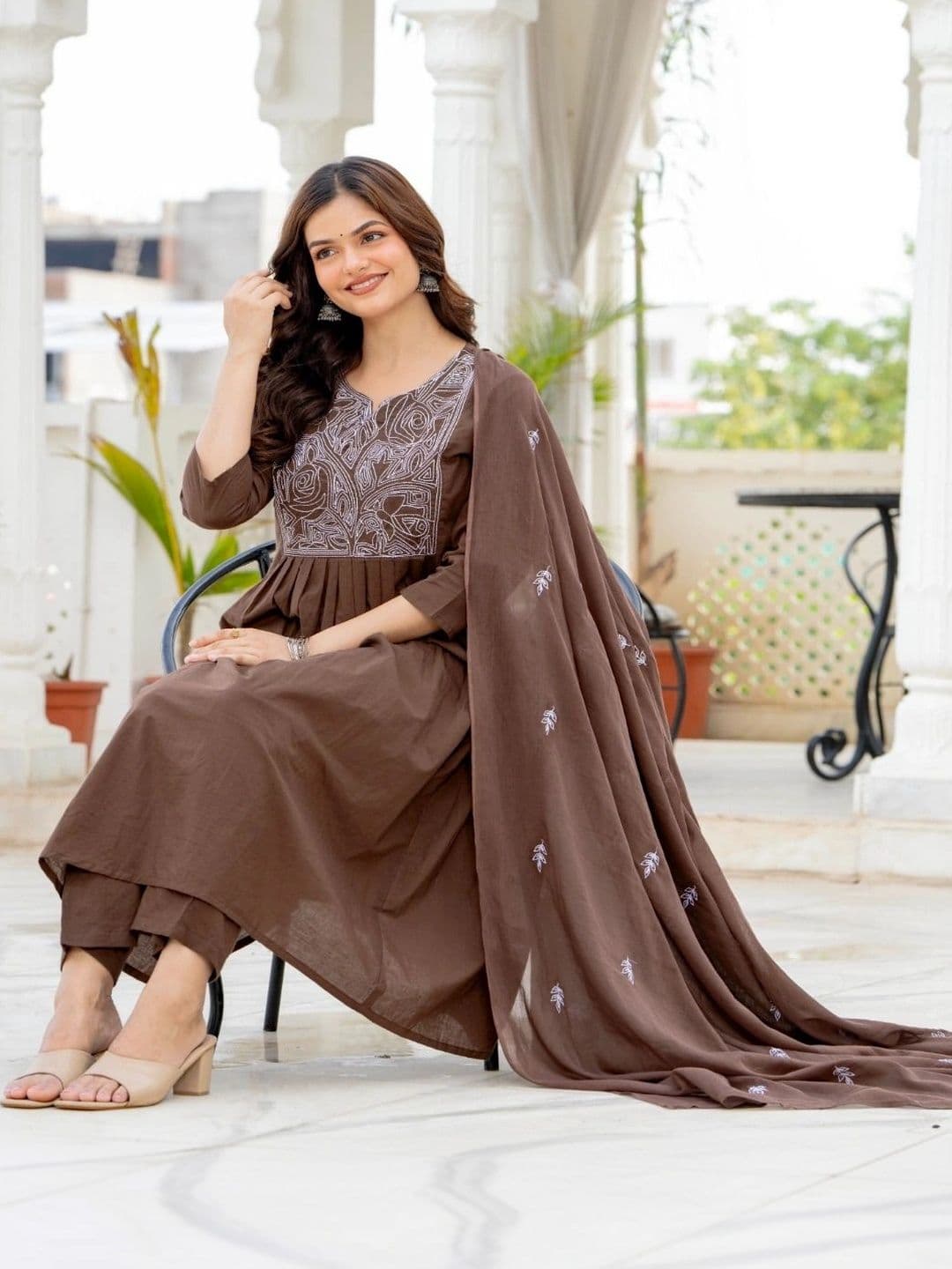 HERE&NOW Women Ethnic Motifs Embroidered Pleated Thread Work Pure Cotton Kurta with Trousers & With Dupatta thumbnail 6