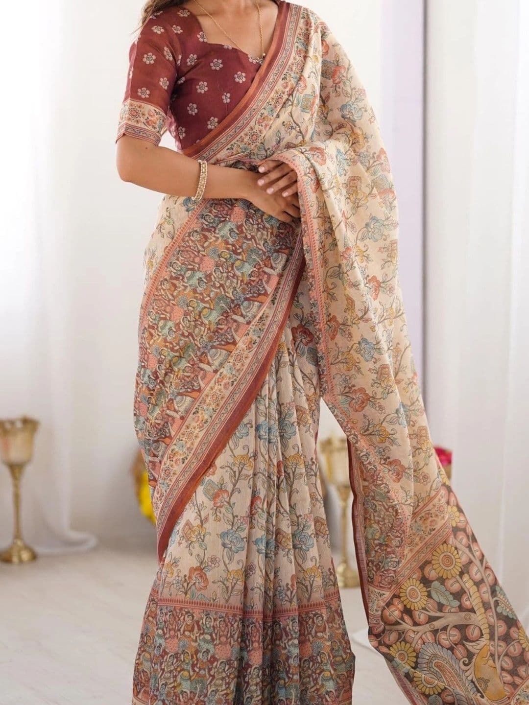 HOUSE OF PRANSHI Kalamkari Linen Blend Jamdani Saree thumbnail 5
