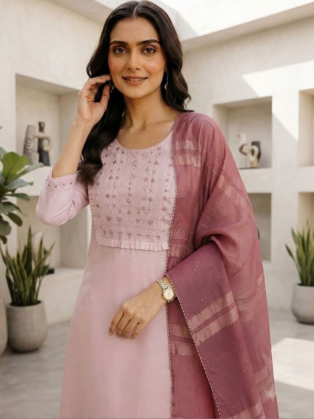 RAJGRANTH Women Ethnic Motifs Embroidered Regular Thread Work Chanderi Cotton Kurta with Trousers & With thumbnail 2