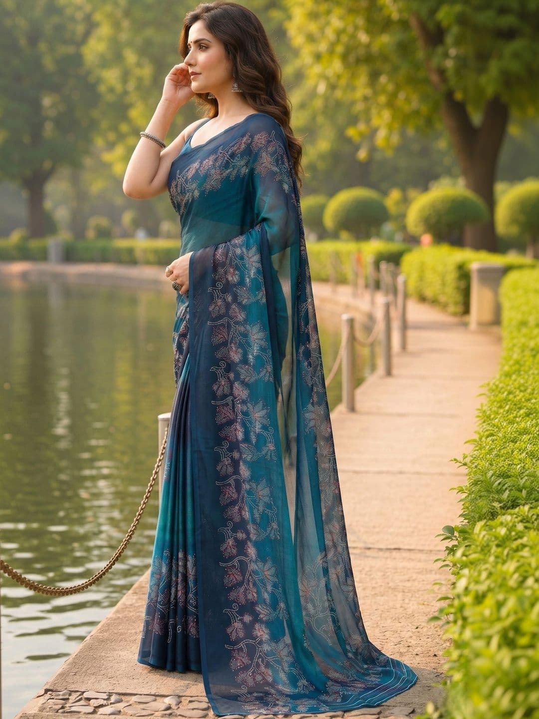 Owee Floral Zari Pure Chiffon Designer Saree thumbnail 3