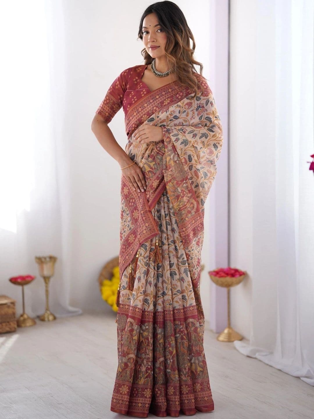 HOUSE OF PRANSHI Kalamkari Linen Blend Jamdani Saree - view 1