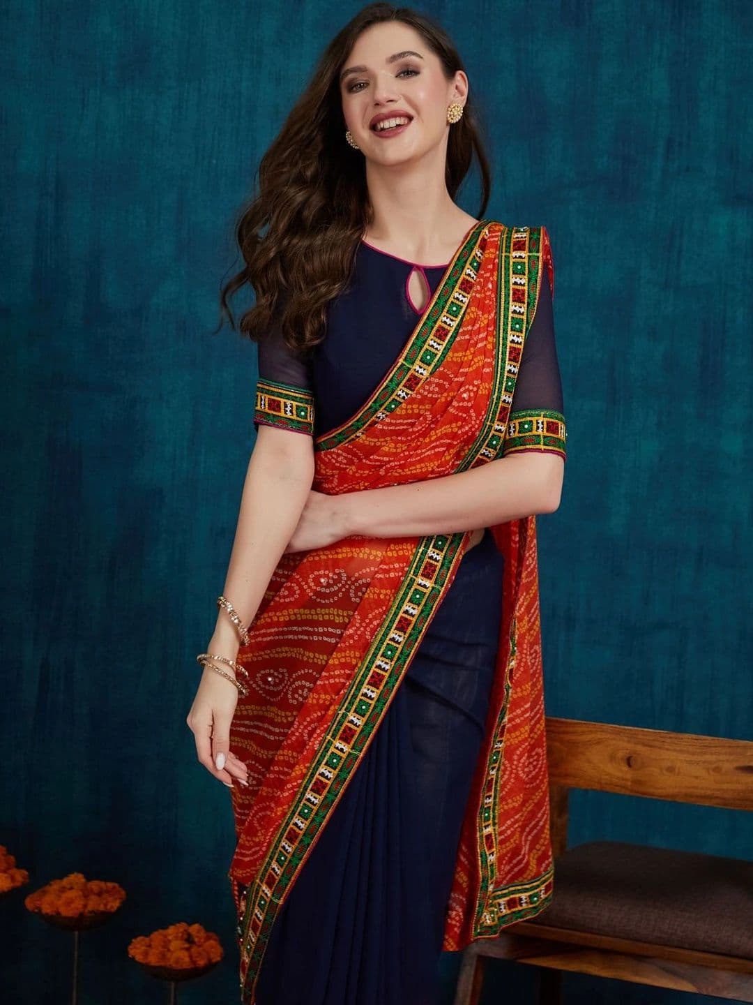 Sangria Bandhani Embroidered Pure Georgette Half and Half Bandhani Saree thumbnail 2